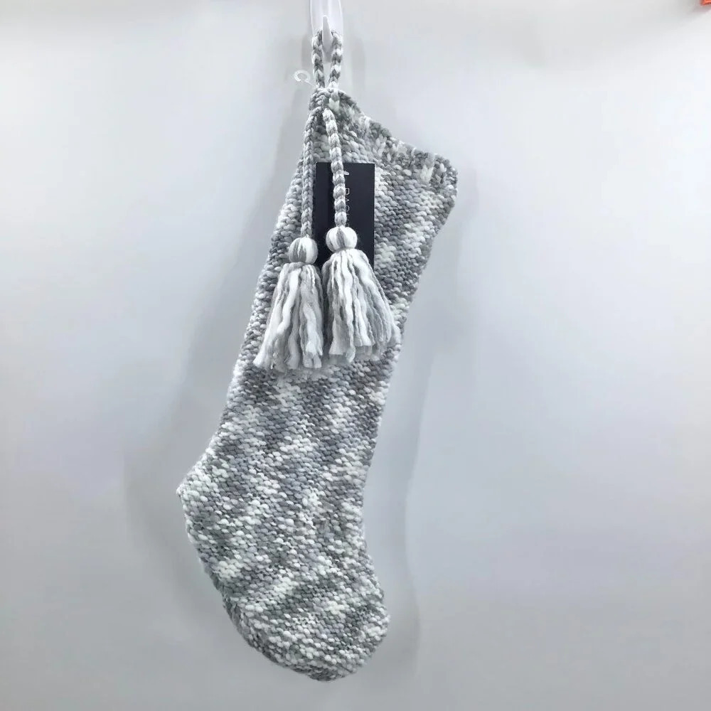 NWT Rachel Zoe Knit Christmas Stocking Large Tassels Blue Cream Grey Yarn Winter